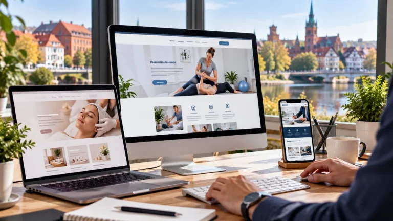 Gotowe strony internetowe dla firm prezentowane na monitorze, laptopie i smartfonie, responsywne projekty witryn dla różnych branż.