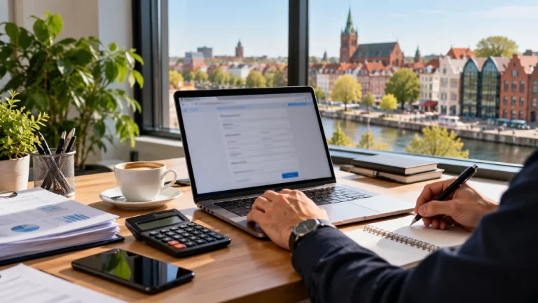 Mieszkaniec Augustowa rejestruje na laptopie nową działalność gospodarczą i rozpisuje budżet firmy na pierwsze miesiące