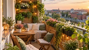 Przytulny balkon w bloku w Augustowie z drewnianymi meblami, kwiatami w donicach, zieleniną i ciepłym światłem lampek