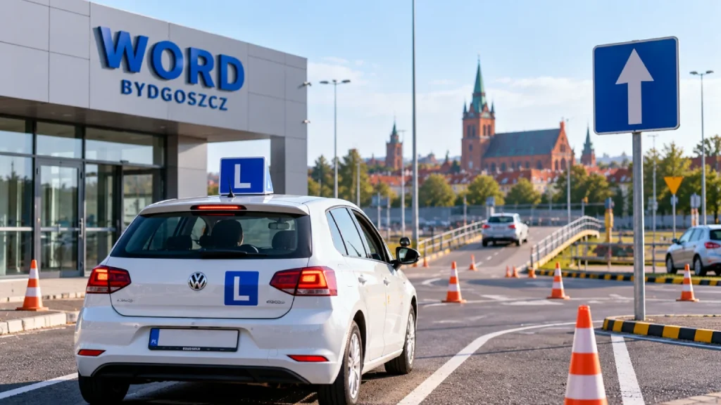 Samochód nauki jazdy z literą L podczas egzaminu praktycznego, za kierownicą kursant z okolic Augustowa, obok niego egzaminator