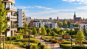 Spokojne osiedle z balkonami, zielenią i alejkami spacerowymi jako przykład wygodnego miejsca do zamieszkania w Augustowie