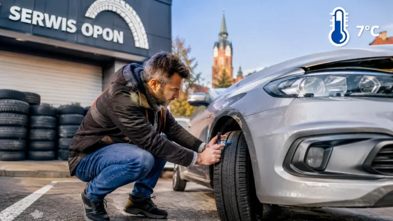 Mechanik w warsztacie w Augustowie zakłada koło z nową oponą na samochód osobowy przed nadejściem chłodniejszych miesięcy