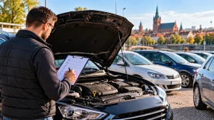 Kupujący w Augustowie ogląda używany samochód przed zakupem, z listą kontrolną i dokumentami pojazdu w ręku
