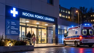 Oświetlone wejście do punktu nocnej i świątecznej pomocy lekarskiej w Augustowie z personelem medycznym i pacjentami