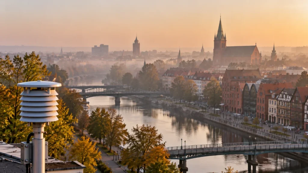 Szara mgła i smog nad zabudową Augustowa w mroźny dzień sezonu grzewczego z ograniczoną widocznością budynków