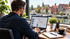 Przedsiębiorca z Augustowa uzupełnia na laptopie wizytówkę Google, by jego firma była lepiej widoczna w wyszukiwarce i na mapie