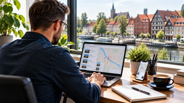 Przedsiębiorca z Augustowa uzupełnia na laptopie wizytówkę Google, by jego firma była lepiej widoczna w wyszukiwarce i na mapie