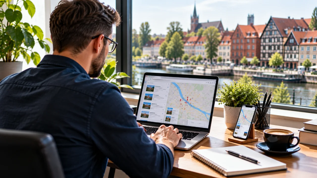 Przedsiębiorca z Augustowa uzupełnia na laptopie wizytówkę Google, by jego firma była lepiej widoczna w wyszukiwarce i na mapie