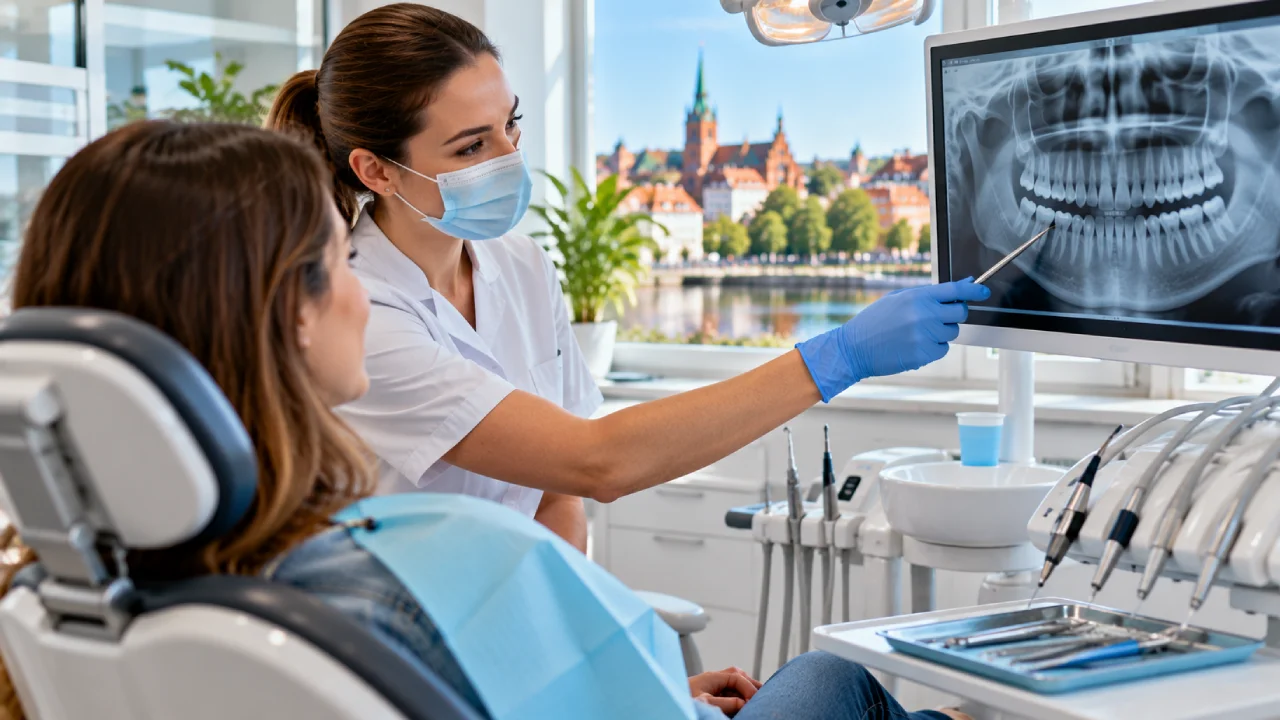 Dentysta w Augustowie rozmawia z pacjentką podczas konsultacji w nowoczesnym gabinecie stomatologicznym z fotelem i sprzętem medycznym