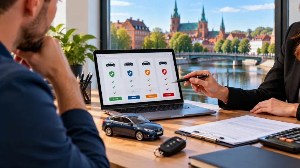 Kierowca z Augustowa porównuje na laptopie oferty ubezpieczenia OC i AC samochodu, sprawdzając ceny i zakres ochrony polis