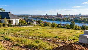 Działka budowlana pod Augustowem wśród zieleni i domów jednorodzinnych, teren pod budowę domu z oznaczonymi granicami parceli