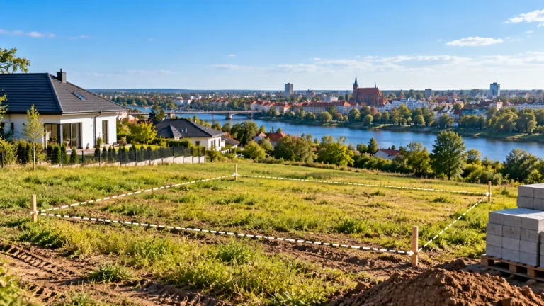 Działka budowlana pod Augustowem wśród zieleni i domów jednorodzinnych, teren pod budowę domu z oznaczonymi granicami parceli