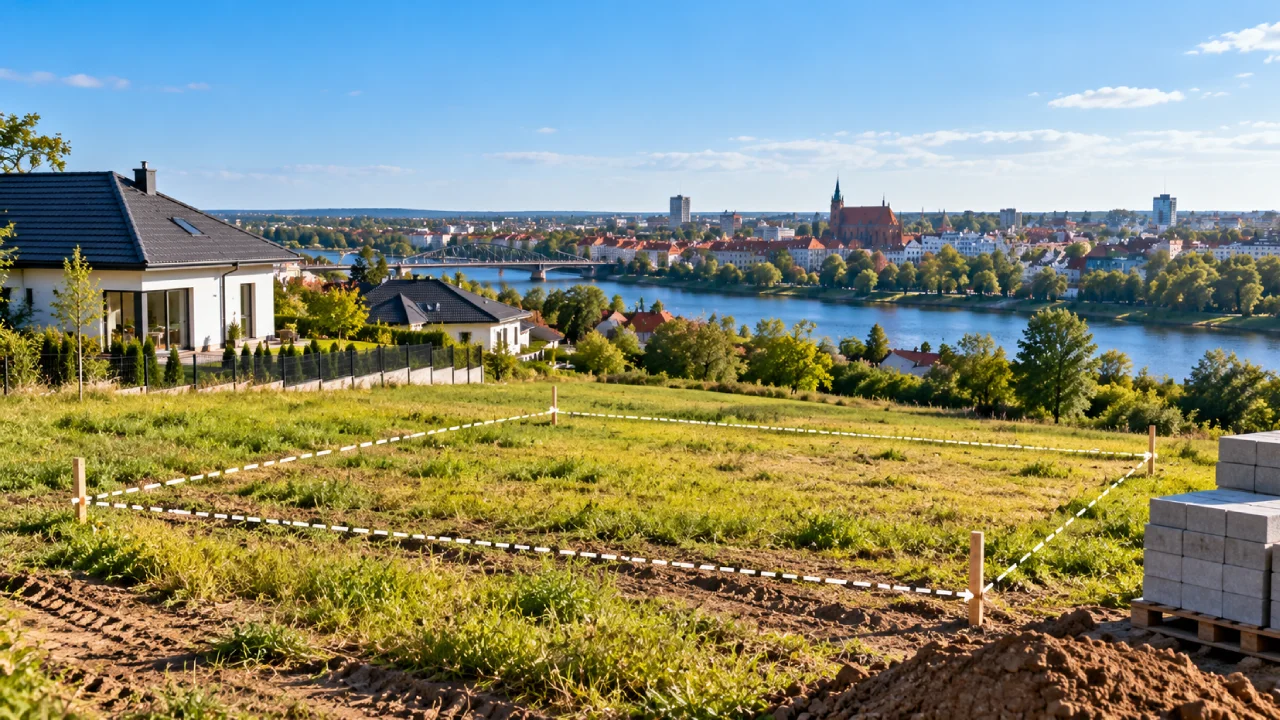 Działka budowlana pod Augustowem wśród zieleni i domów jednorodzinnych, teren pod budowę domu z oznaczonymi granicami parceli