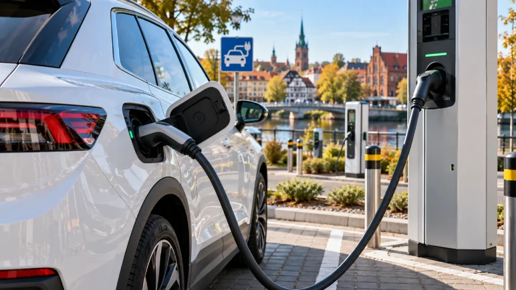 Samochód elektryczny podłączony do publicznej stacji ładowania na miejskim parkingu, scena podobna do centrum Augustowa
